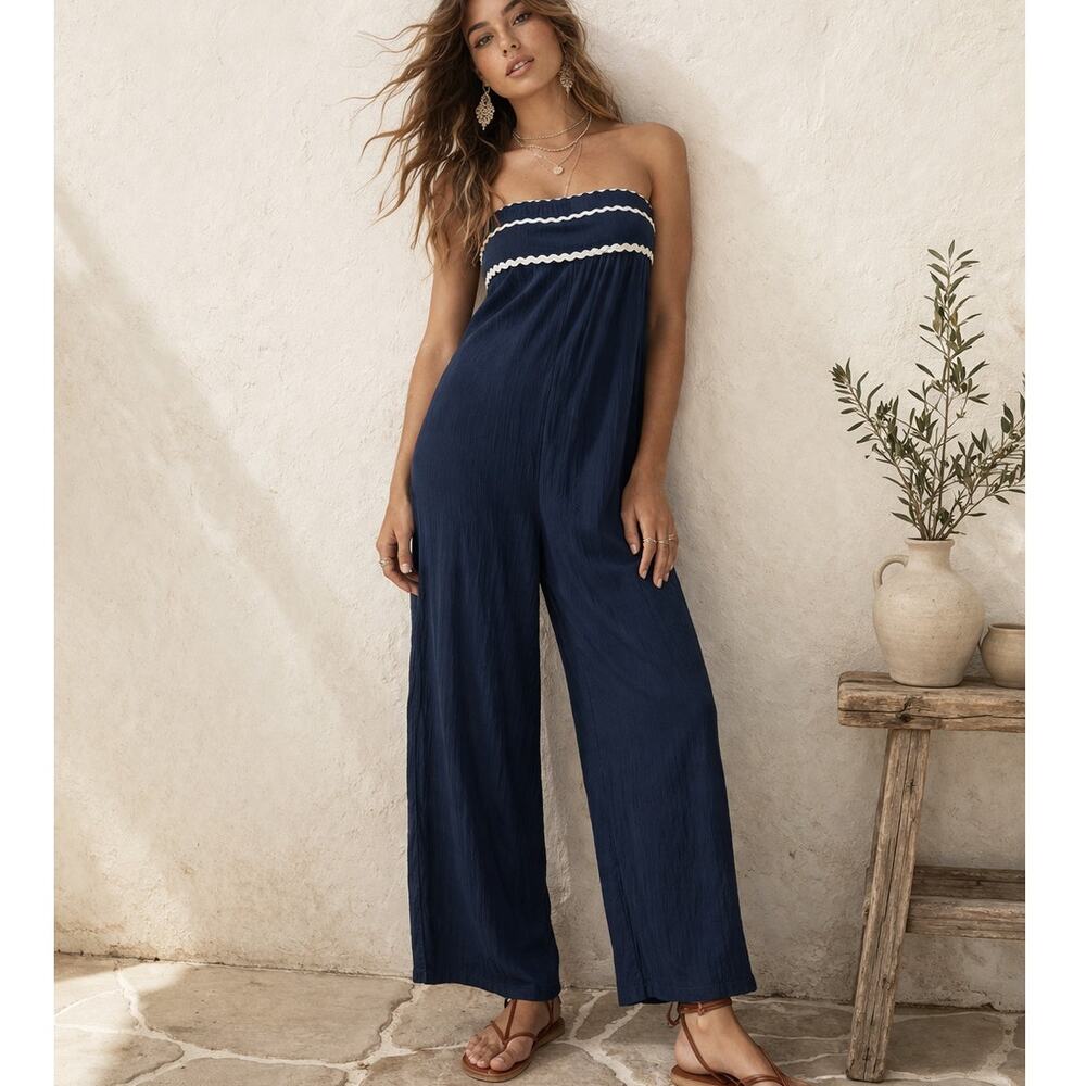 100% Cotton Strapless Romper Wide Leg Jumpsuit Blue Resort Boho NWT M‎